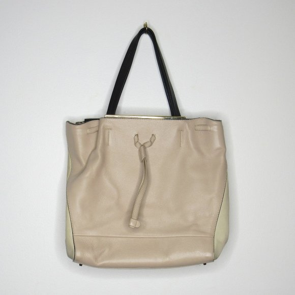 Furla Leather and Suede Drawstring Tote Bag Purse Beige and Black - Picture 1 of 10
